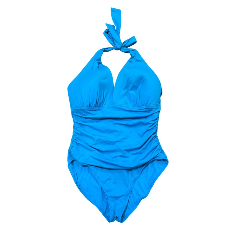 Lauren Ralph Lauren Womens Blue Ruched Halter One Piece Swimsuit Size 14